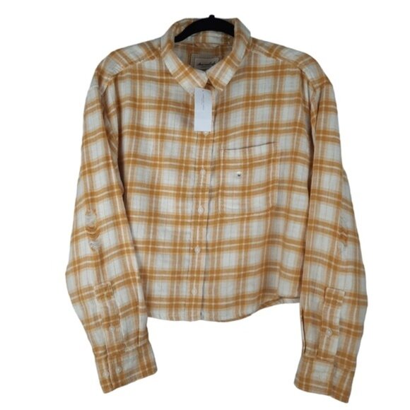 American Eagle Flannel Plaid Semi Cropped Button Down Top - Picture 4 of 13